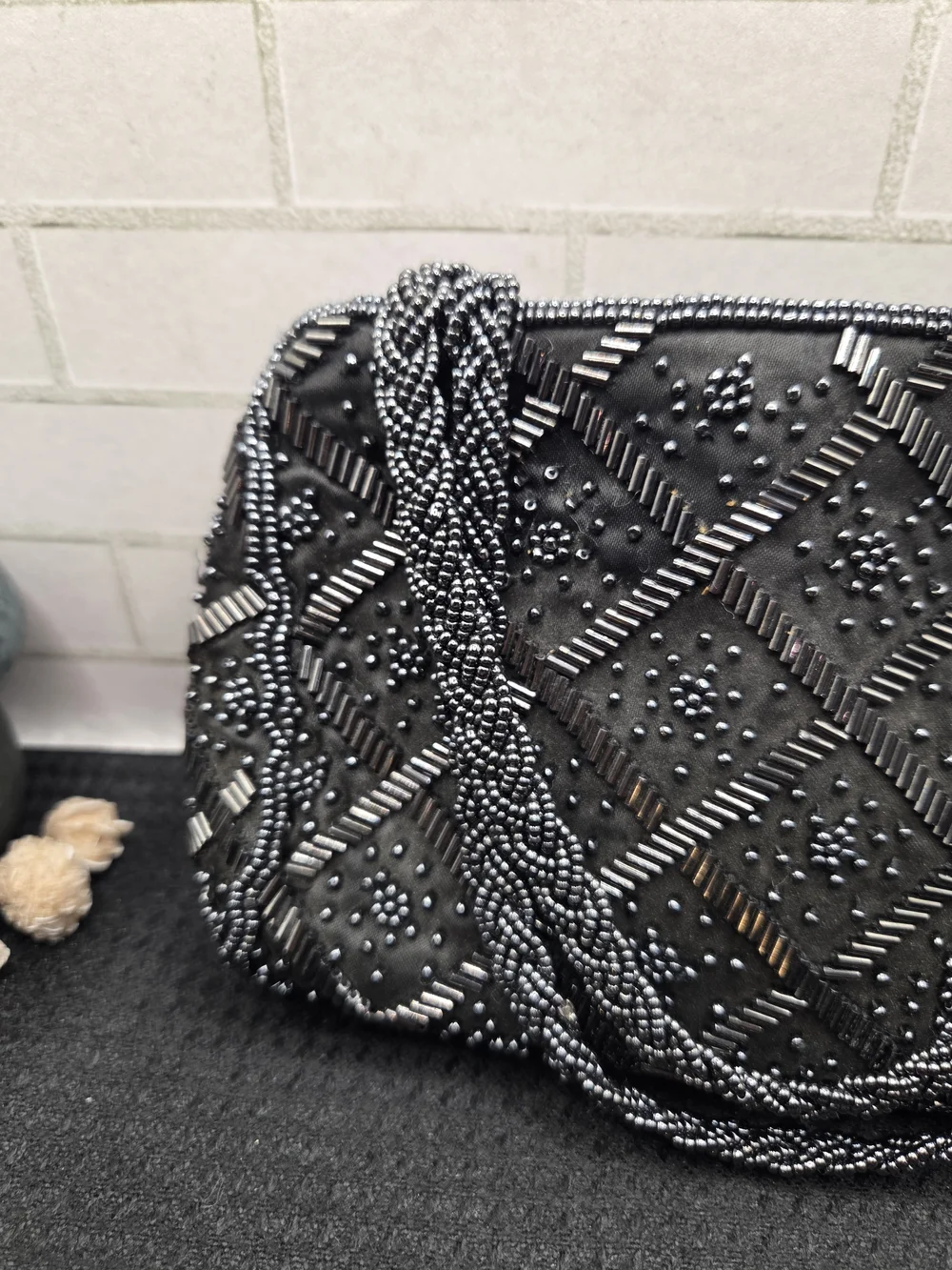 Vintage La Regale Black Beaded Evening Clutch with Braided Strap - Picture 2 of 5